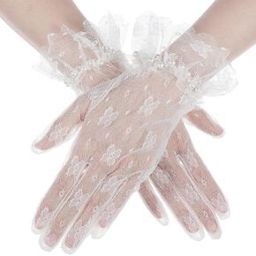 Lace Mesh Gloves Tulle Border with Pearls Wedding Opera Tea Party Gloves White