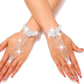 GORTIN Rhinestone Fingerless Gloves Silver Butterfly Glitter Gloves Crystal Wedding Glove Hand Chain Accessories for Women