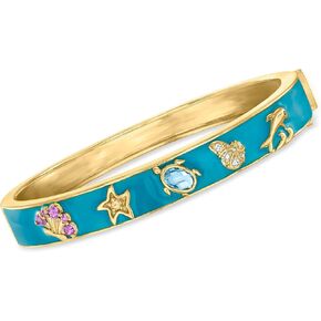Ross-Simons 0.96 ct. t.w. Multi-Gemstone and Blue Enamel Sea Life Bangle Bracelet in 18kt Gold Over Sterling. 7 inches