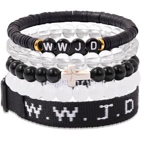 سوار WWJD مجموعة للنساء رجال قابلة للتعديل معصم WWJD مع سوار مسيحي الصليب القابل للتكديس بوهو كلاي حبة تمتد الزجاج المخرم هدية المجوهرات المسيحية الملهمة
