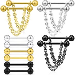 Dyknasz Nipple Rings 14G Surgical Steel Chain Dangle Nipple Shield Barbell Piercing Nipplerings Bar Jewelry for Women Men 6 Pairs