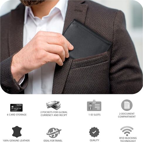Tri أضعاف محفظة جلدية للرجال مع RFID | محافظ ضئيلة للرجال مع 1 معرف و 6 فتحات بطاقة الائتمان | الجيب الأمامي الحد الأدنى in Kuwait