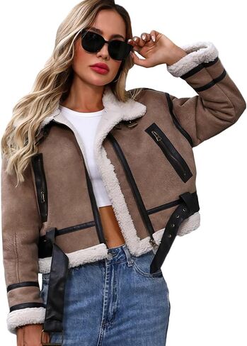 Winter Women Faux Lamb Fur Leather Jacket Warm Fur Lined Zipper Cropped Bomber Aviator Coat in Saudi Arabia