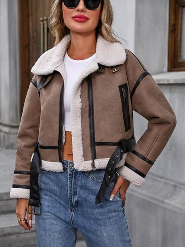 Winter Women Faux Lamb Fur Leather Jacket Warm Fur Lined Zipper Cropped Bomber Aviator Coat in Saudi Arabia