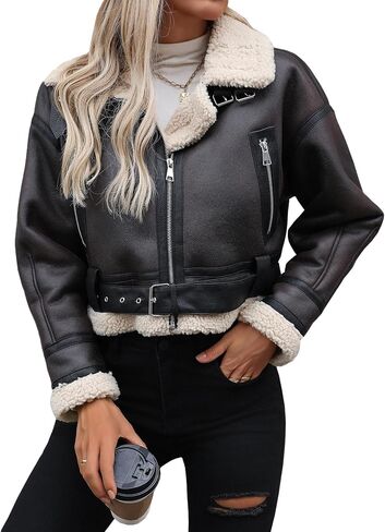 Winter Women Faux Lamb Fur Leather Jacket Warm Fur Lined Zipper Cropped Bomber Aviator Coat in Saudi Arabia
