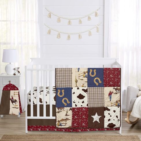 Sweet Jojo Designs Western Cowboy Boy Baby Crib Bedding Set Infant Nursery Room Blanket Fitted Sheet Skirt Diaper Stacker 4pc Wild West Southern Charm South Country Desert Horse Horseshoe Animal Red in Saudi Arabia