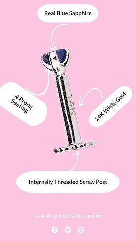 Demira Gorgeous & Sparkling Blue Sapphire Nose Stud in 14K White Gold Nose Ring Stud Internally Threaded 6MM Screw Back Sizes in Kuwait