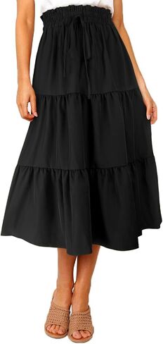 Women's Boho Floral Print Midi Skirt Elastic High Waisted Swing A-Line Tiered Summer Beach Long Skirts for Women in Saudi Arabia