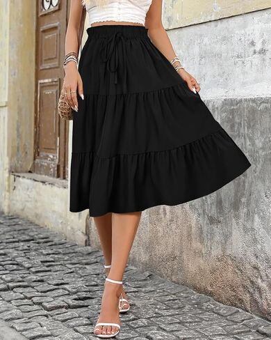 Women's Boho Floral Print Midi Skirt Elastic High Waisted Swing A-Line Tiered Summer Beach Long Skirts for Women in Saudi Arabia