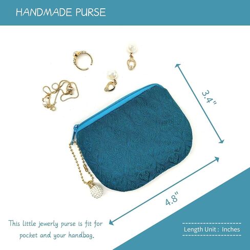 Handmade Rosary Pouch Women Coin Purse Silk Jewelry Bag Brocade Zipper Wallet - Teal in Saudi Arabia