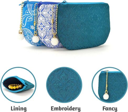 Handmade Rosary Pouch Women Coin Purse Silk Jewelry Bag Brocade Zipper Wallet - Teal in Saudi Arabia