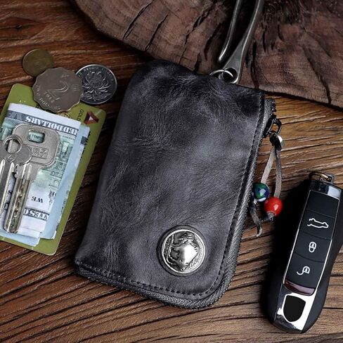 JSBWSFA 1 Pcs Mini Leather Zipper Bag Car Key Bag Coin Organizer Change Holder Key Protection Bag With Metal Hooks in Saudi Arabia