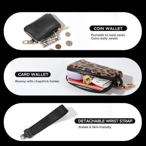 Mini Zip Around Wristlet Wallet for Women - Dual Pouch Keychain Coin Purse, Faux Leather Portable Small Purse with Detachable Strap, Cute Wristlet Wallet for Women (Black) in Saudi Arabia