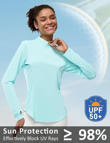 قميص ربع مضغوط للسيدات مع جيوب zip upf 50+ حماية من أشعة الشمس قميص طويل الأكمام جاف جاف سريع in Kuwait