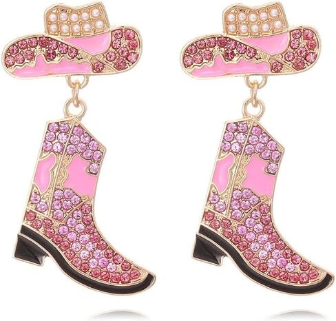 Colorful Rhinestone Western Boots Dangle Drop Earrings for Women Boho Cowgirl Cowboy Enamel Hat Boot Earrings Country Concert Party Outfits Jewelry Gift in Saudi Arabia