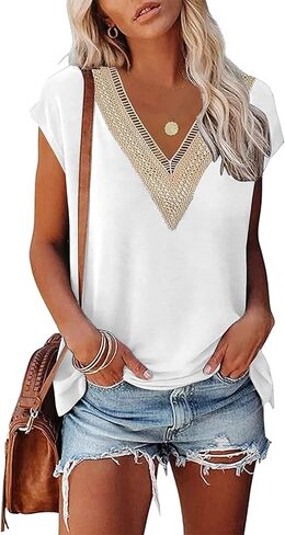 Womens Cap Sleeve Summer Tops 2025 Trendy Tank Tops Lace V Neck Loose Fit Shirts in Saudi Arabia