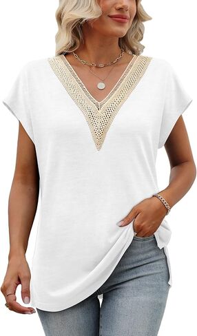 Womens Cap Sleeve Summer Tops 2025 Trendy Tank Tops Lace V Neck Loose Fit Shirts in Saudi Arabia