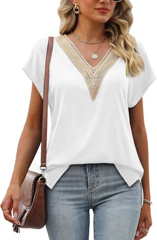 Womens Cap Sleeve Summer Tops 2025 Trendy Tank Tops Lace V Neck Loose Fit Shirts in Saudi Arabia