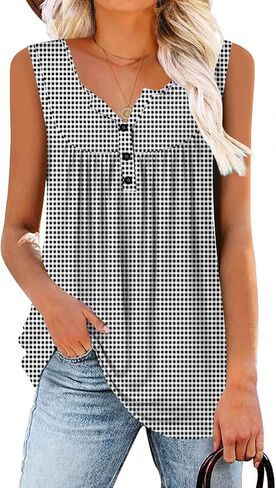 BETTE BOUTIK Womens Sleeveless Tunics Henley Shirts V-Neck Button Down Blouse Tank Tops Casual Pleated Basic S-3XL in Kuwait