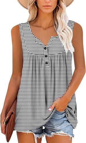 BETTE BOUTIK Womens Sleeveless Tunics Henley Shirts V-Neck Button Down Blouse Tank Tops Casual Pleated Basic S-3XL in Kuwait