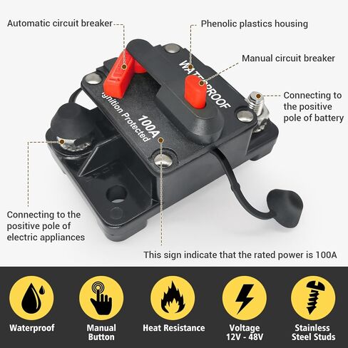 100Amp Circuit Breaker DC 12V-48V for Marine Boat Trolling Motor Automotive RV Trailer Car Solar System Battery Disconnect with Manual Reset Switch, IP67 Waterproof (Pack of 2) in Kuwait