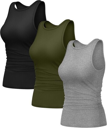 3 Pack Women's Sleeveless Tank Tops, Ribbed Knit Slim Fit Crew Neck Tops Side Ruched Summer Racerback Workout Shirts in Kuwait