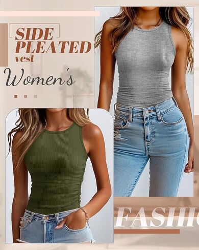 3 Pack Women's Sleeveless Tank Tops, Ribbed Knit Slim Fit Crew Neck Tops Side Ruched Summer Racerback Workout Shirts in Kuwait