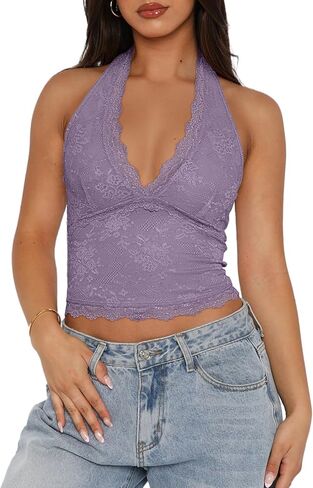 Reoria Womens Sexy v Neck Lace Halter Halter Backless Out Out Double Clined Y2K Strendy Trend chanps tops in Kuwait