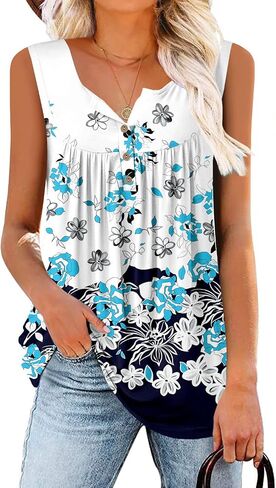 BETTE BOUTIK Womens Sleeveless Tunics Henley Shirts V-Neck Button Down Blouse Tank Tops Casual Pleated Basic S-3XL in Kuwait
