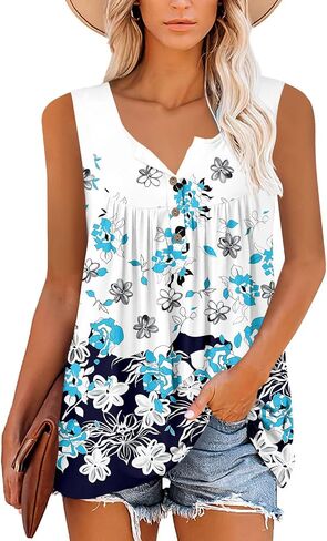 BETTE BOUTIK Womens Sleeveless Tunics Henley Shirts V-Neck Button Down Blouse Tank Tops Casual Pleated Basic S-3XL in Kuwait