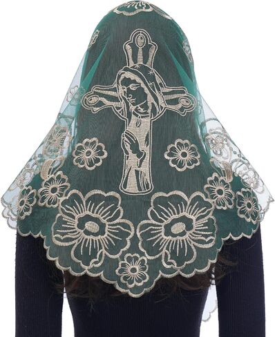 Bozidol Catholic Veils for Church Women: Triangle Virgin Mary Cross Camellia Embroidered Lace Veil, Religious Veils for Mass in Saudi Arabia