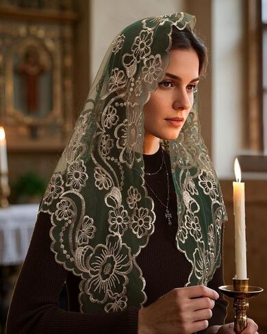 Bozidol Catholic Veils for Church Women: Triangle Virgin Mary Cross Camellia Embroidered Lace Veil, Religious Veils for Mass in Saudi Arabia