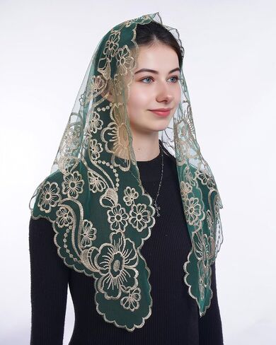 Bozidol Catholic Veils for Church Women: Triangle Virgin Mary Cross Camellia Embroidered Lace Veil, Religious Veils for Mass in Saudi Arabia