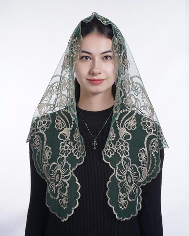 Bozidol Catholic Veils for Church Women: Triangle Virgin Mary Cross Camellia Embroidered Lace Veil, Religious Veils for Mass in Saudi Arabia