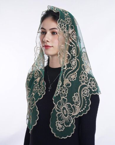 Bozidol Catholic Veils for Church Women: Triangle Virgin Mary Cross Camellia Embroidered Lace Veil, Religious Veils for Mass in Saudi Arabia