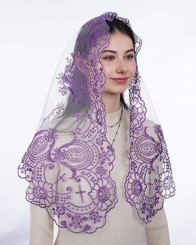 Bozidol Mantilla Veils Catholic for Women: Triangle Rose Cross Veil for Mass Pray, Christian Floral Lace Church Head Veils in Saudi Arabia