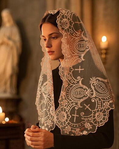 Bozidol Mantilla Veils Catholic for Women: Triangle Rose Cross Veil for Mass Pray, Christian Floral Lace Church Head Veils in Saudi Arabia