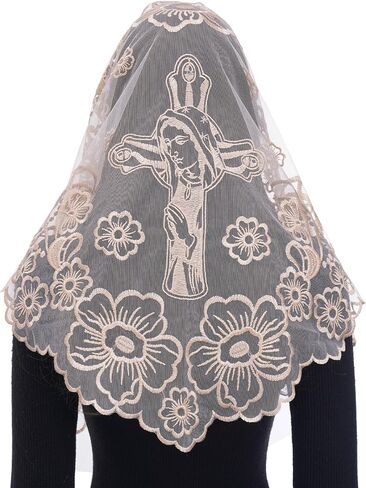 Bozidol Catholic Veils for Church Women: Triangle Virgin Mary Cross Camellia Embroidered Lace Veil, Religious Veils for Mass in Saudi Arabia