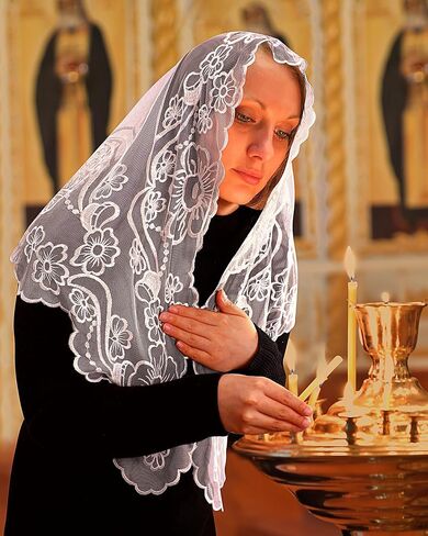 Bozidol Catholic Veils for Church Women: Triangle Virgin Mary Cross Camellia Embroidered Lace Veil, Religious Veils for Mass in Saudi Arabia
