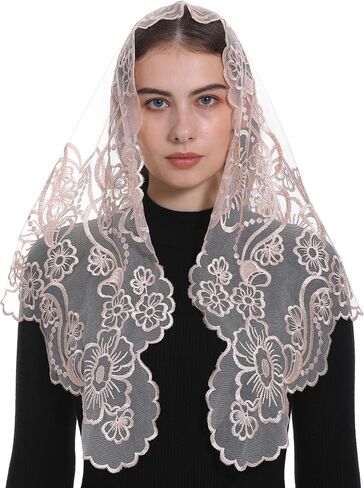 Bozidol Catholic Veils for Church Women: Triangle Virgin Mary Cross Camellia Embroidered Lace Veil, Religious Veils for Mass in Saudi Arabia