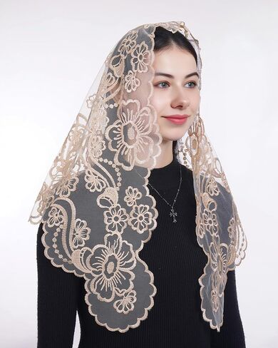 Bozidol Catholic Veils for Church Women: Triangle Virgin Mary Cross Camellia Embroidered Lace Veil, Religious Veils for Mass in Saudi Arabia