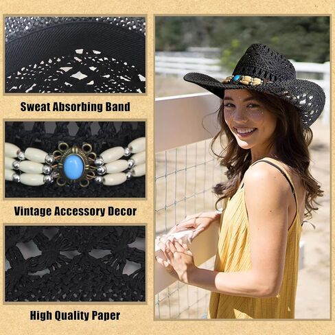 Wildarms Western Cowboy Hat for Women Men Wide Brim Woven Straw Cowboy Hat for Men Cowgirl Sun Beach Hat Decorative Bands in Kuwait