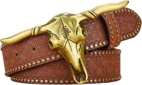 1PCS Western Cowboy Belt Buckles for Men PU Leather Buckle Belt Vintage Bullhead Belt 125cm/4.1ft in Kuwait