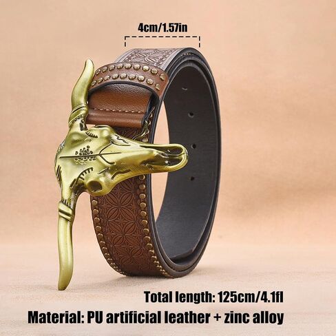 1PCS Western Cowboy Belt Buckles for Men PU Leather Buckle Belt Vintage Bullhead Belt 125cm/4.1ft in Kuwait