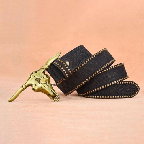 1PCS Western Cowboy Belt Buckles for Men PU Leather Buckle Belt Vintage Bullhead Belt 125cm/4.1ft in Kuwait