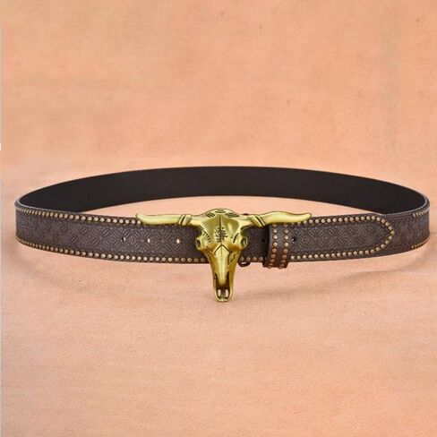 1PCS Western Cowboy Belt Buckles for Men PU Leather Buckle Belt Vintage Bullhead Belt 125cm/4.1ft in Kuwait