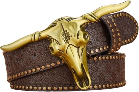 1PCS Western Cowboy Belt Buckles for Men PU Leather Buckle Belt Vintage Bullhead Belt 125cm/4.1ft in Kuwait