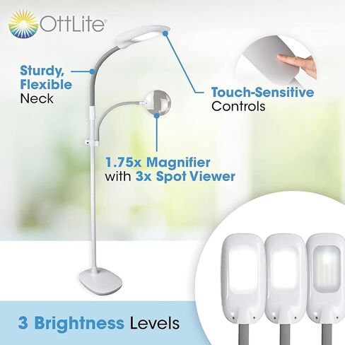 OttLite 18w EasyView Standing Floor Lamp with Optical Grade 3X Magnifier Attachment Arm & Flexible Neck - Wide Wing Shade with Modern Design for Crafting, Work, Office, Dorm Room, Sewing & Reading in Saudi Arabia