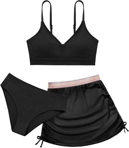 ESHOO Girls Swimsuits Kids 3 Piece Bathing Suit Teen Girls Bikini Swimwear with Drawstring Cover Up Skirt Beach Swimwear in Kuwait