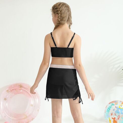ESHOO Girls Swimsuits Kids 3 Piece Bathing Suit Teen Girls Bikini Swimwear with Drawstring Cover Up Skirt Beach Swimwear in Kuwait